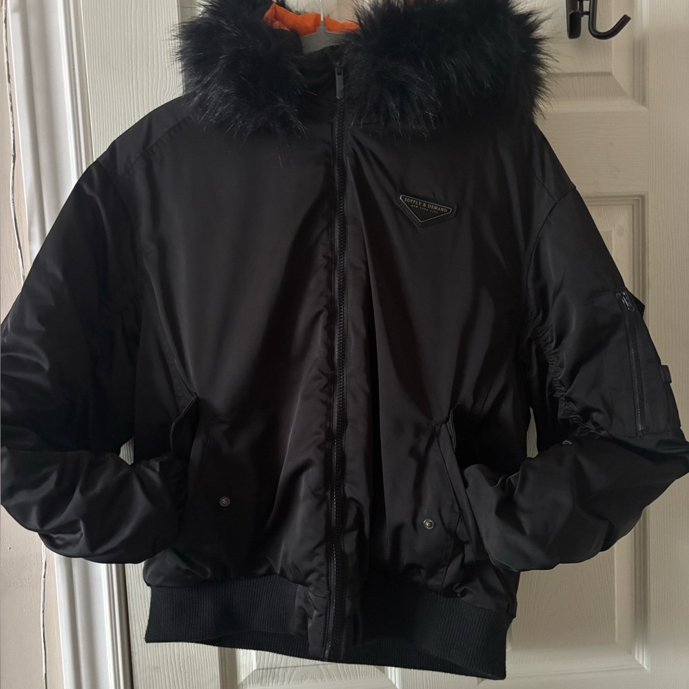 Supply & Demand: Black Fur-Trimmed Bomber Jacket, Orange Lining